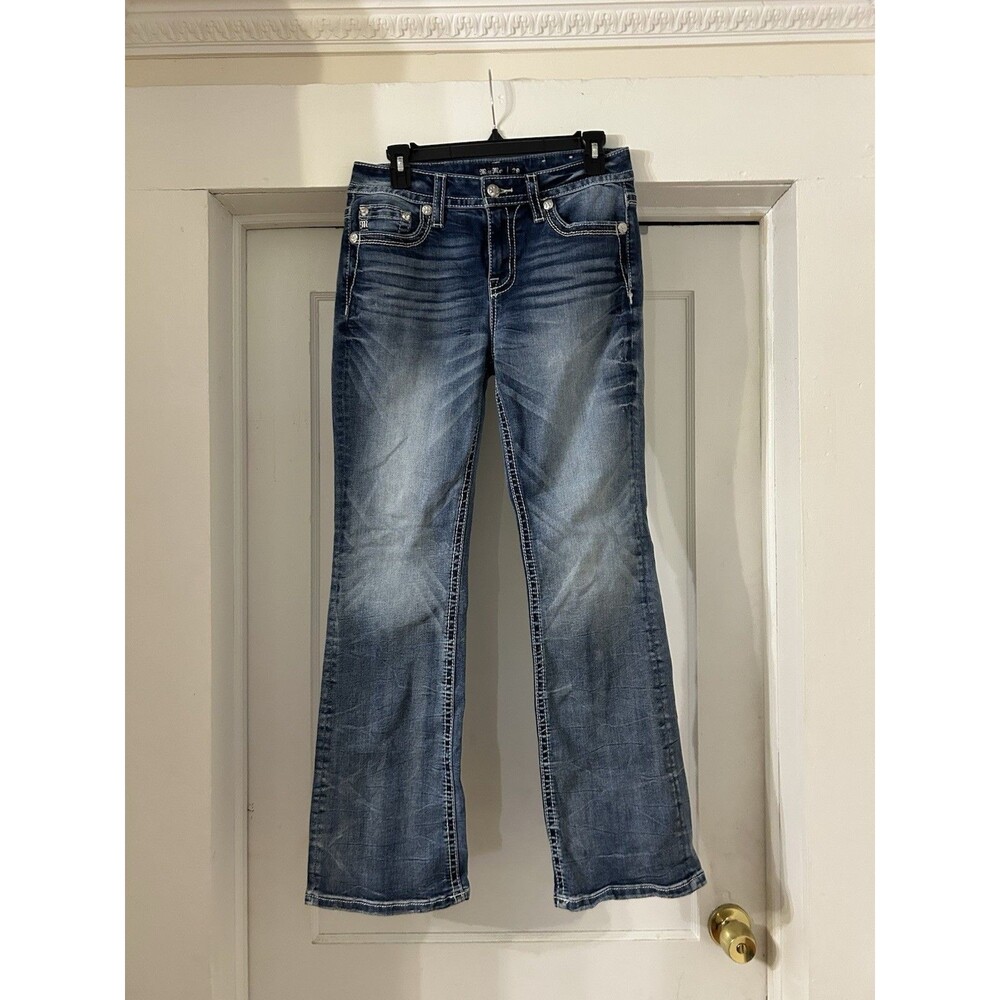 Miss Me Denim Distressed Rhinestone Lace Mid Rise Boot Jeans Women's Size 29 USA
